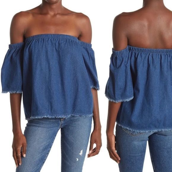 J.O.A. Tops - JOA Denim Off the Shoulder Top